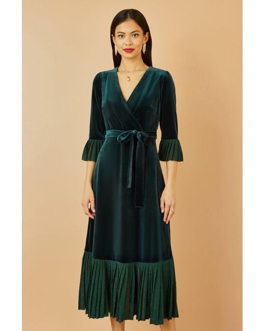 Yumi' Blue Velvet Wrap Midi Dress With Contrast Hemline