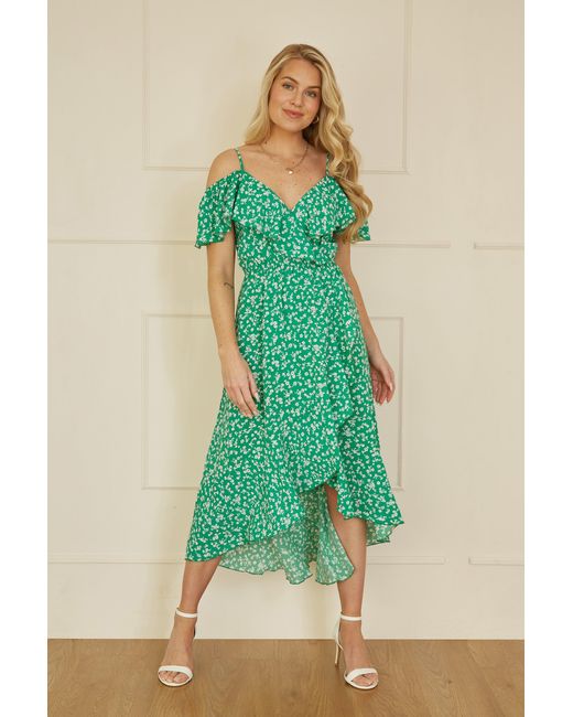 Yumi' Green Ditsy Print Bardot Midi Dress With Dip Hem