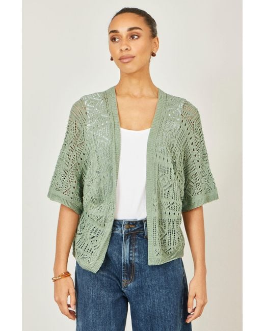 Yumi' Green Crochet Edge To Edge 3/4 Sleeve Cardigan