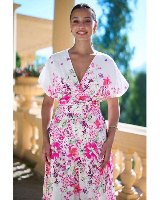 Yumi' Pink Mirror Floral Print Ruched Waist Kimono Midi Dress