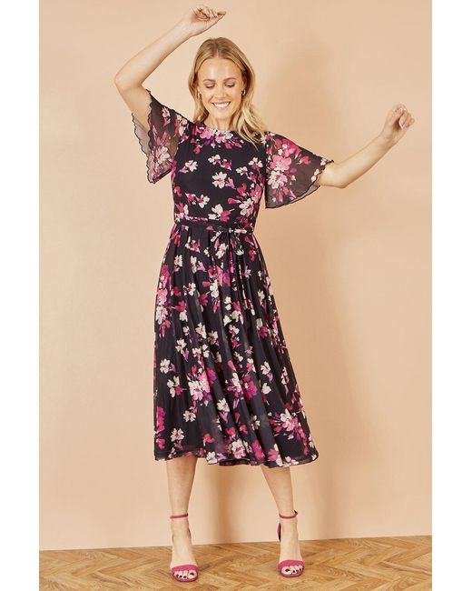 Yumi' Black Mesh Skater Floral Midi Dress