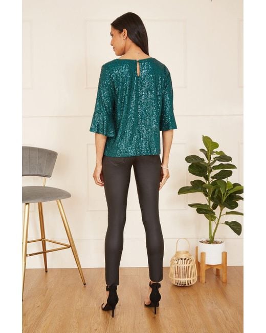 Yumi' Green Sequin Fluted Sleeve Party Top