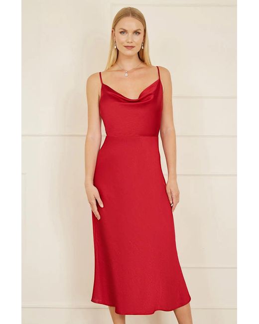 Yumi' Red Satin Cowl Neck Midi Slip Dress