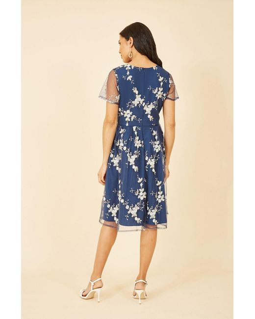 Yumi' Blue Embroidered Floral Skater Dress