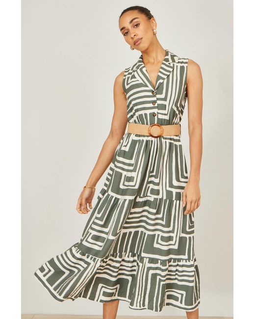 Yumi' White Viscose Geo Print Midi Shirt Dress With Matching Belt