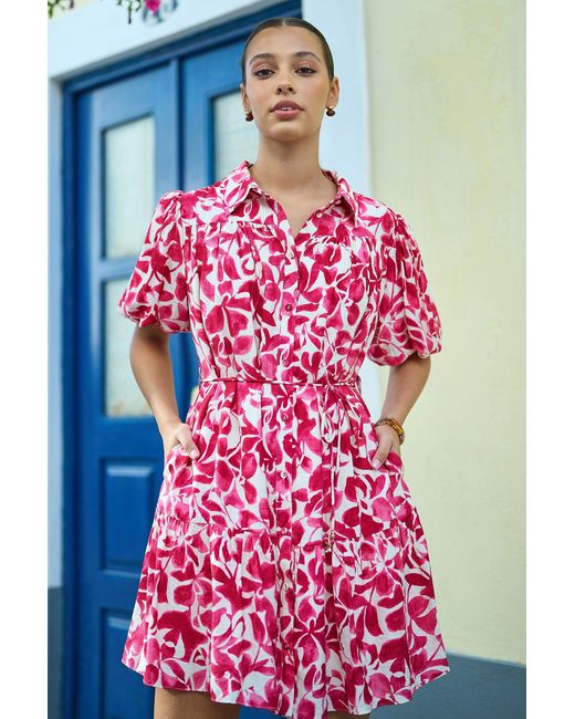 Yumi' Red Floral Print Viscose Relaxed Shirt Dress