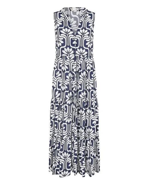 Yumi' Blue Retro Print Relaxed Midi Dress