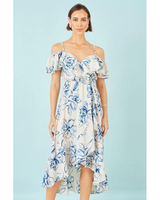 Yumi' Blue Ivory Floral Print Bardot Midi Dress With Dip Hem
