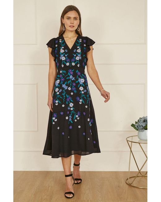 Yumi' Blue All Over Floral Embroidery Midi Skater Dress