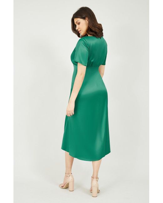 Yumi' Green Satin Button Down Flared Midi Dress