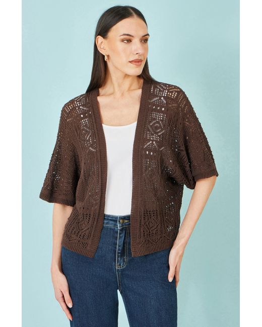 Yumi' Brown Crochet Edge To Edge 3/4 Sleeve Cardigan
