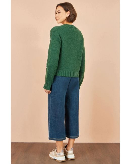 Yumi' Green Hand Embroidered Chunky Knitted Cardigan