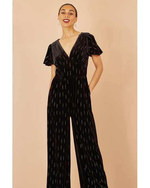 Yumi' Black Foil Print Velvet Jumpsuit
