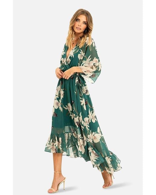 Yumi' Green Floral Kimono Sleeves Dip Hem Wrap Midi Dress