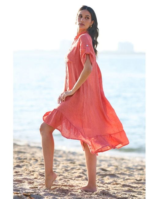 Yumi' Red Italian Linen Shirt Dress With Frill Hem