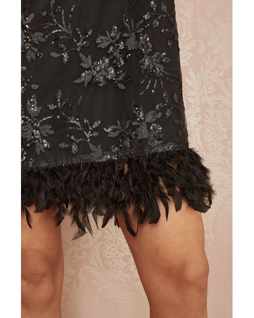 Yumi' Black Sequin Embroidered Tunic Dress With Feather Trim
