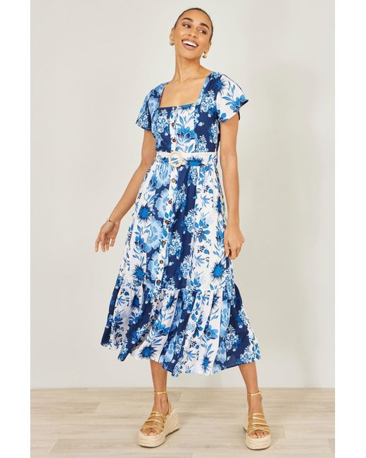 Yumi' Blue Floral Viscose Midi Shirt Dress With Matching Belt