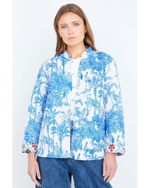 Yumi' Blue Palm Reversible Cotton Quilted Jacket