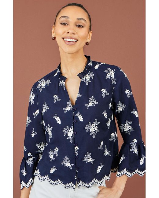 Yumi' Blue Broderie Shirt With Fluted Sleeves
