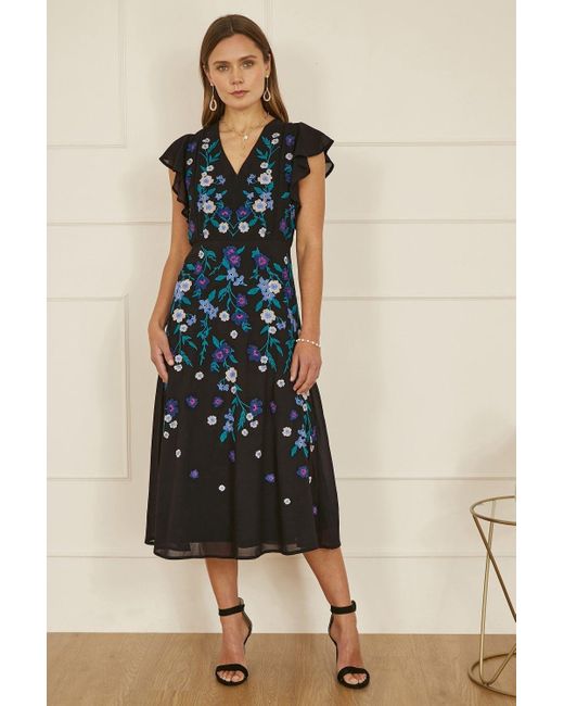 Yumi' Blue All Over Floral Embroidery Midi Skater Dress