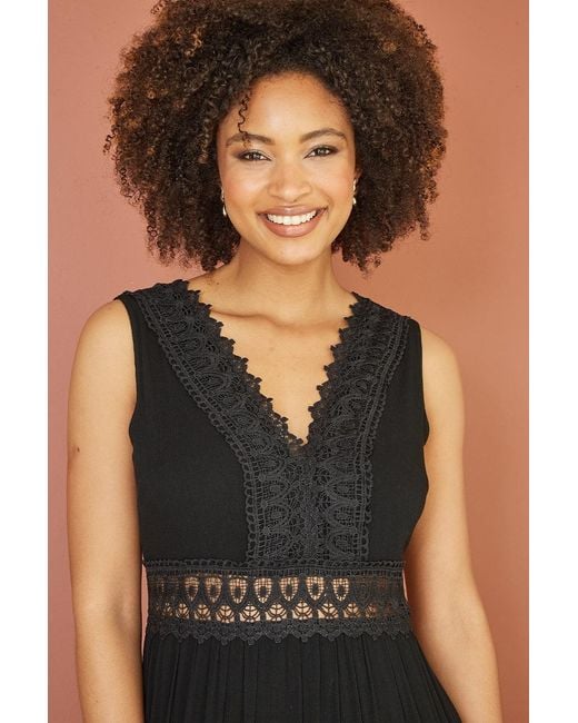 Yumi' Black Lace Trim Cotton Midi Sun Dress