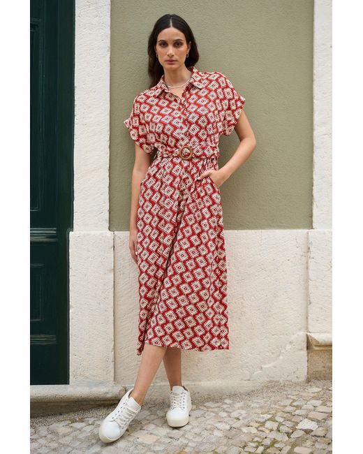 Yumi' Red Viscose Midi Shirt Dress With Matching Belt