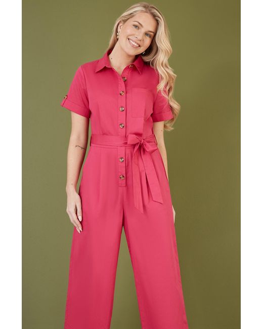 Yumi' Pink Viscose Twill Button Up Utility Style Jumpsuit