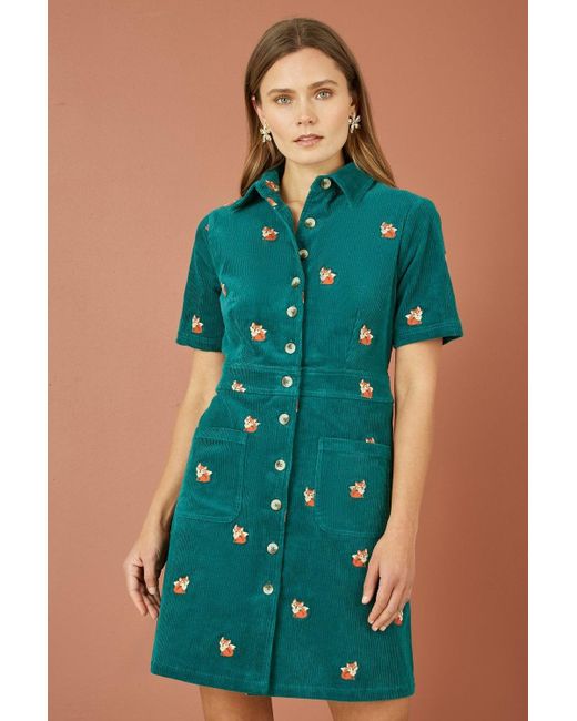 Yumi' Blue Embroidered Corduroy Shirt Dress