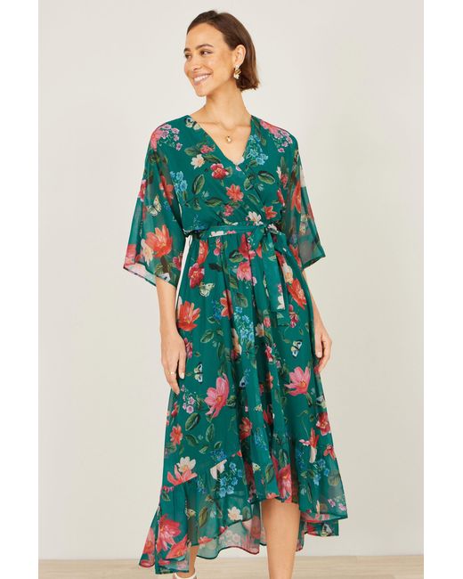 Yumi' Green Floral Kimono Wrap Dress With Dip Hem