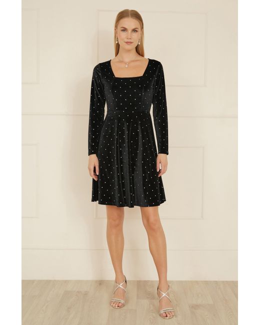 Yumi' Black Skater Dress With Diamantes And Long Sleeve
