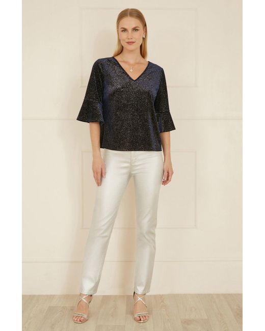 Yumi' Black Sparkle Velvet Relaxed Fit Top With Fluted Sleeves