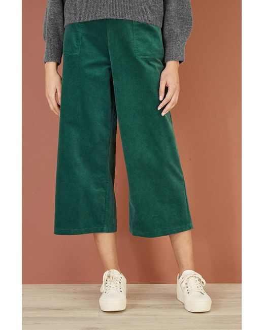 Yumi' Green Cord Cropped Wide Leg Trousers With Pockets