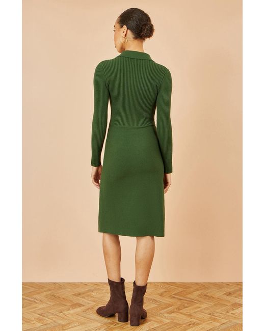Yumi' Green Rib Knit Midi Shirt Dress With Snaffle Belt