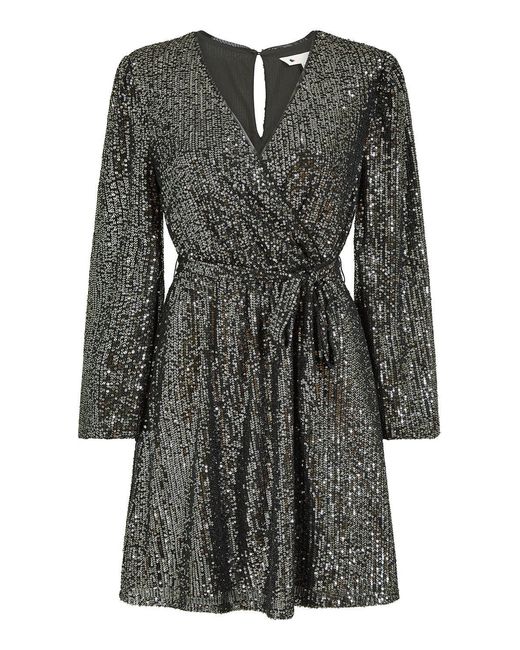 Mela Gray Sequin Belted Wrap Long Sleeve Dress