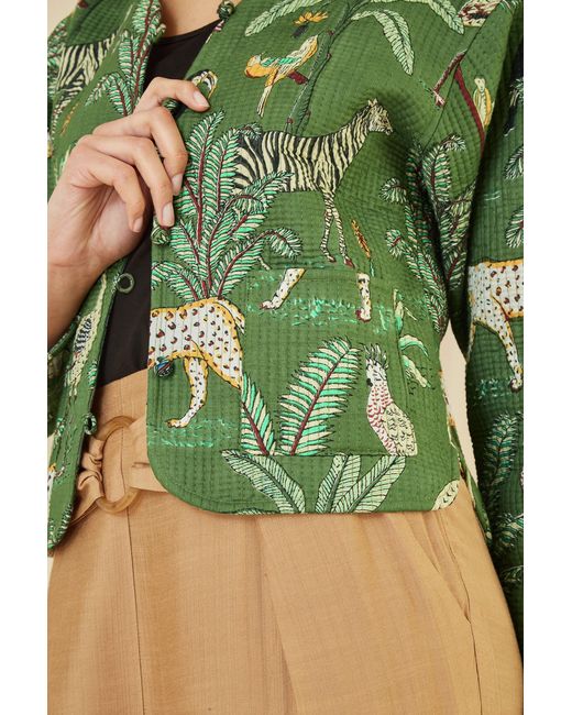 Yumi' Green Animal Print Reversible Cotton Cropped Quilted Jacket