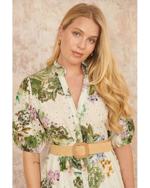 Yumi' Natural Cotton Broderie Anglaise Midi Shirt Dress