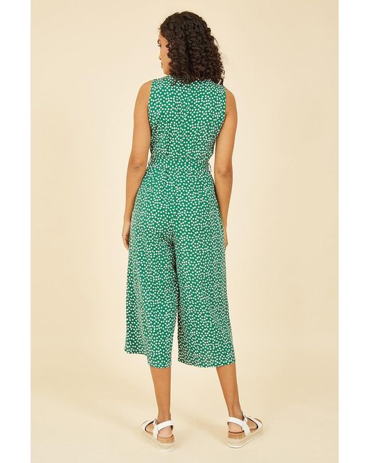 Yumi' Green Ditsy Daisy Sleeveless Culotte Jumpsuit