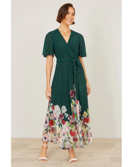 Yumi' Green Mesh Wrap Midi Dress With Floral Hem Border