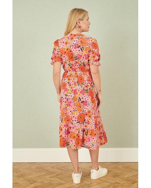 Yumi' Red Floral Midi Dress With Frill Hem And Puff Sleeves