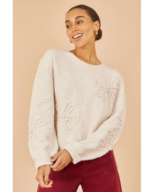Yumi' Natural Knitted Jumper With Floral Applique