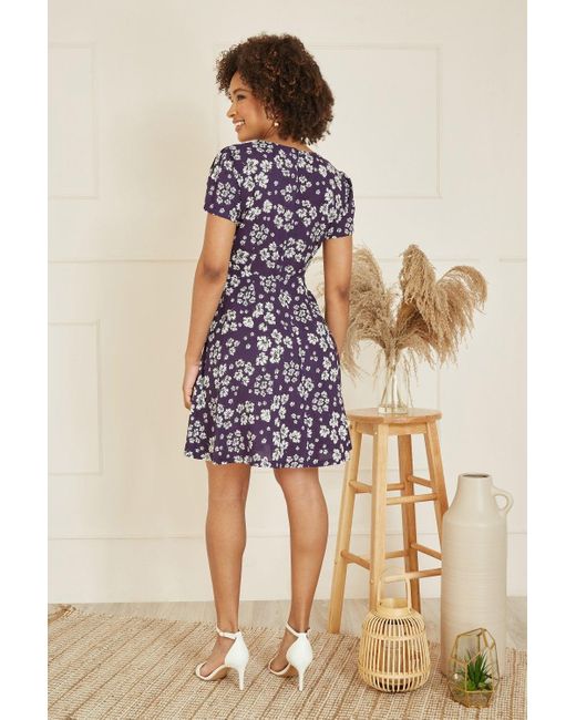 Mela Blue Floral Mini Skater Dress With Tie Front