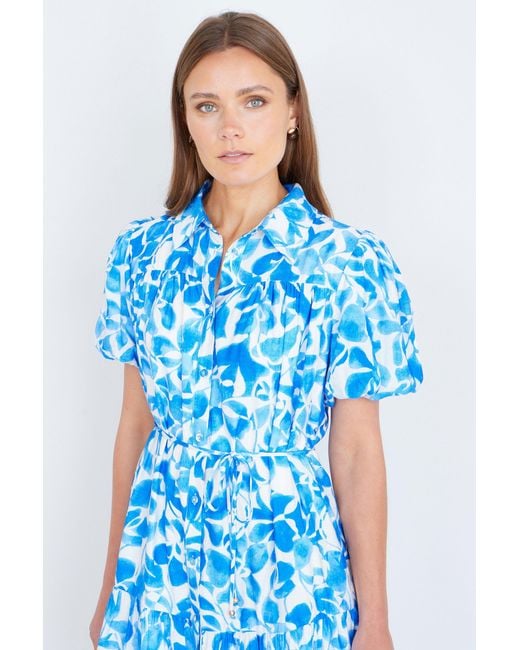 Yumi' Blue Floral Print Viscose Relaxed Shirt Dress
