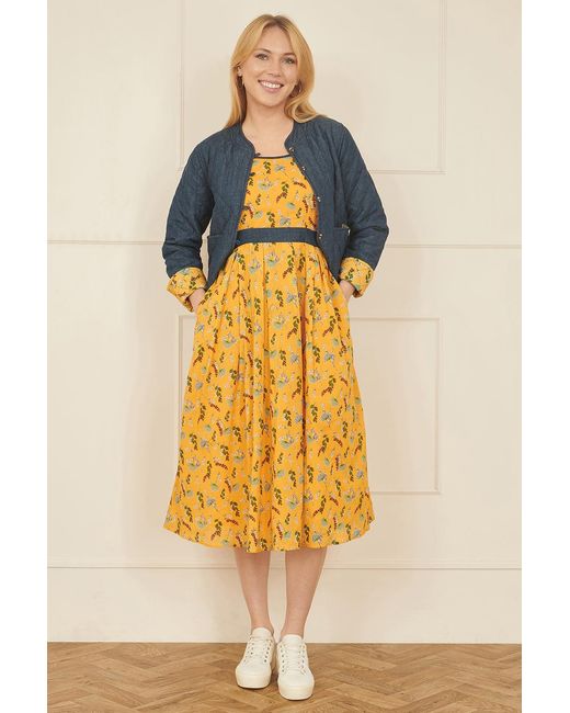 Yumi' Yellow Floral Skater Dress With Denim Trims