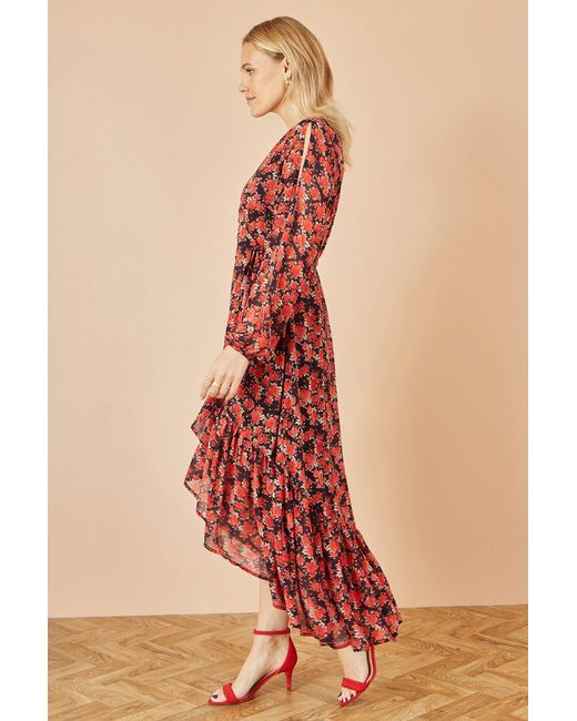 Yumi' Red Rose Print Dipped Hemline Midi Dress With Open Long Sleeves