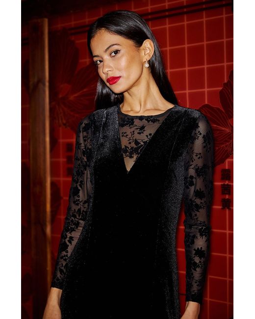 Yumi' Red Fitted Velvet Dress With Sheer Floral Sleeves