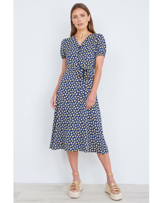 Yumi' Blue Floral Midi Shirt Dress