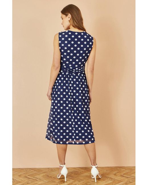 Yumi' Blue Polka Dot Mesh Wrap Skater Dress With Pockets