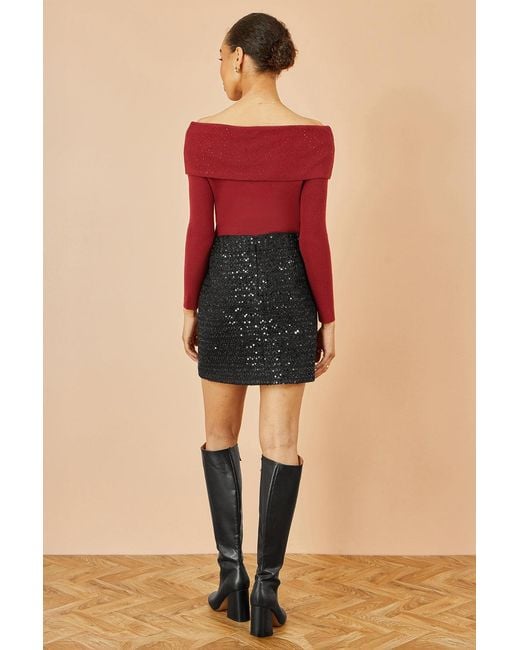 Yumi' Red Sparkle Bardot Jumper With Diamante Detail