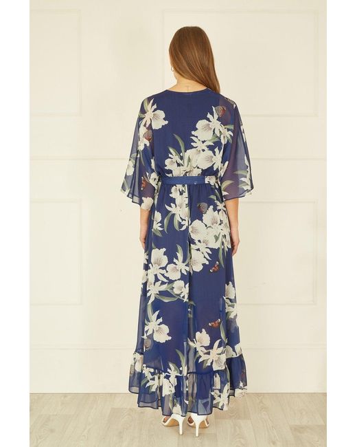 Yumi' Blue Floral Kimono Sleeves Dip Hem Wrap Midi Dress