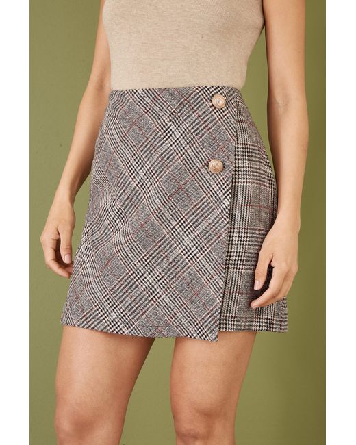 Mela Green Checked Wrap Mini Skirt With Button Detail
